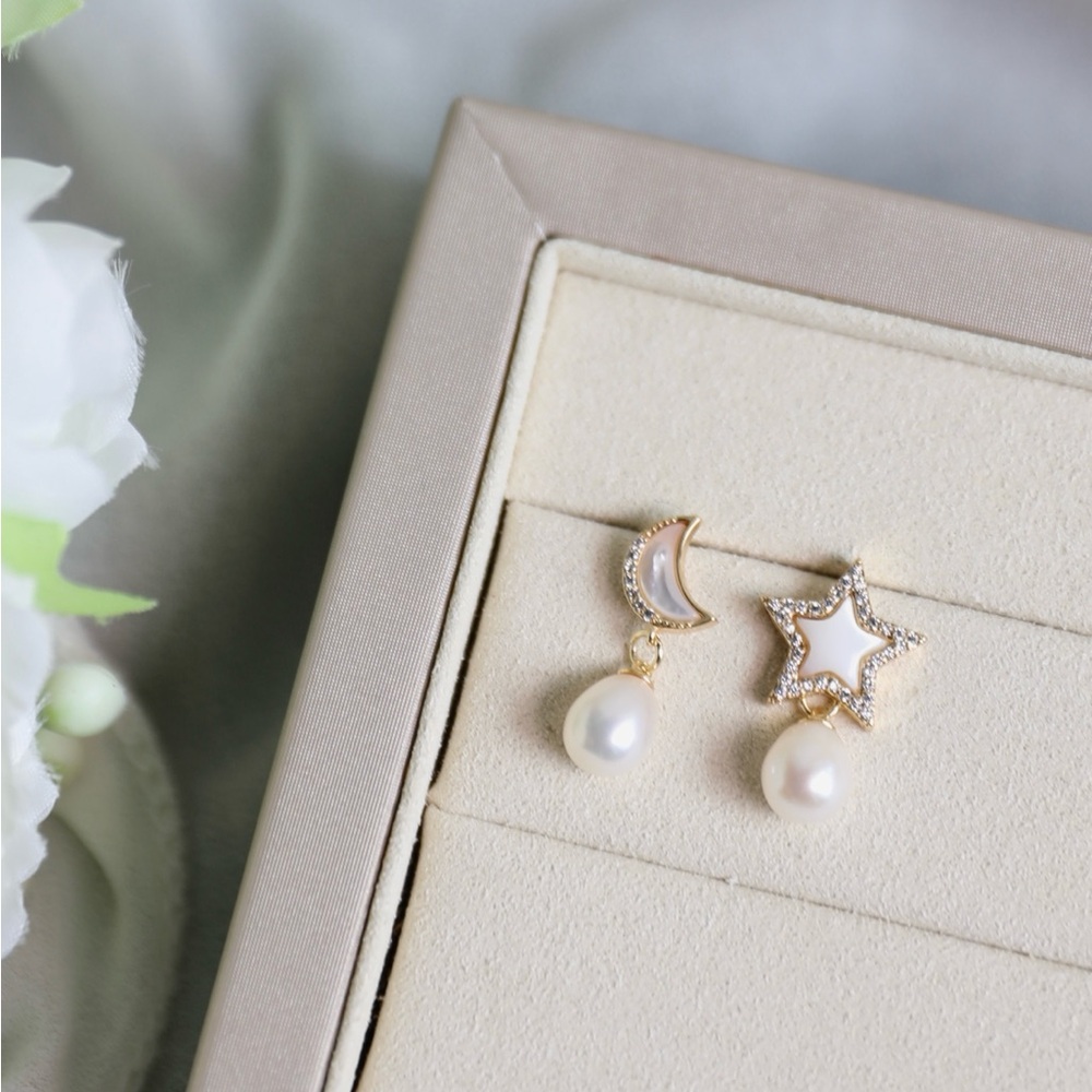 Gold Plated Moon and Star Freshwater Pearl Drop Earrings